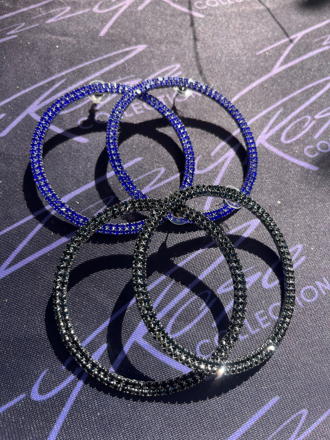 3 Front facing rhinestone hoop bundle. Blue/Black/Red